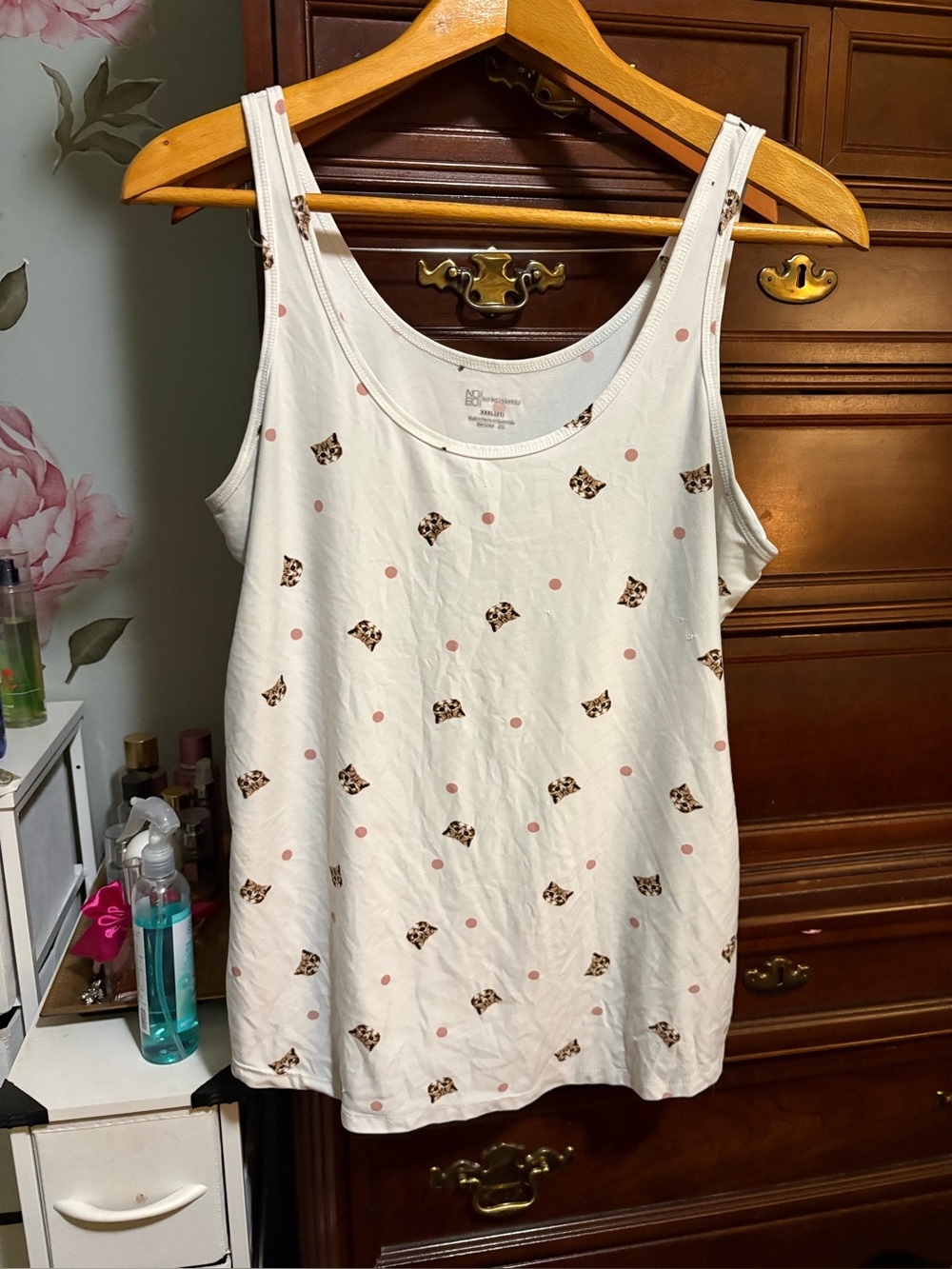 No Boundaries White Tank Top with Leopard Faces and Pink Dots